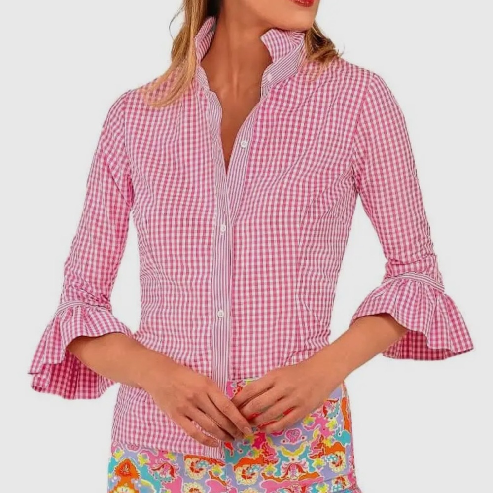 Gretchen Scott Designs Pink Checkered Ruffle priss Blouse New